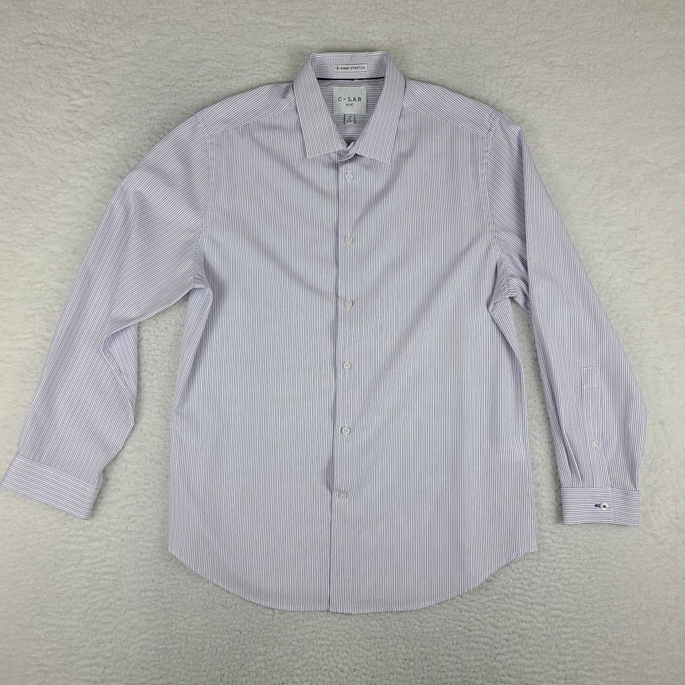 C-Lab NYC Shirt Mens Large 16 32/33 Purple Blue 4‎ Way Stretch Dress Button Up *